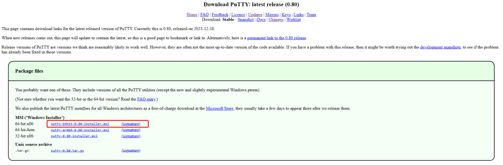 PuTTY's downloads page